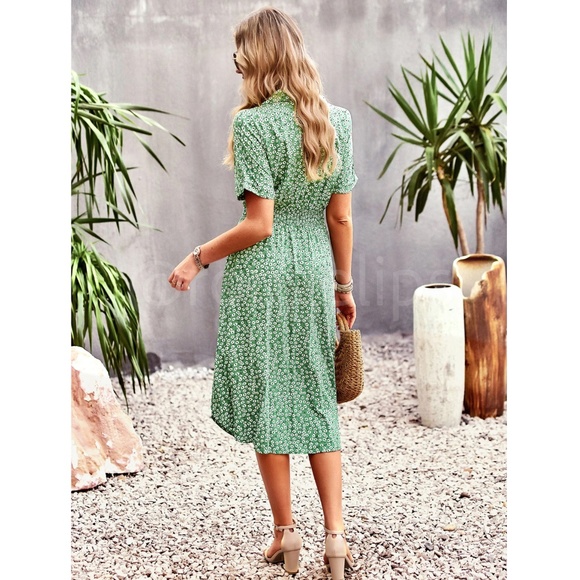 Green Floral Print Midi Dress Button Front V-Neck - Picture 9 of 16